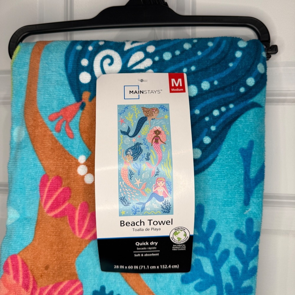 Mainstays Kids Mermaid Beach Towel Blue Quick Dry 28 x 60 NWT - Picture 2 of 4